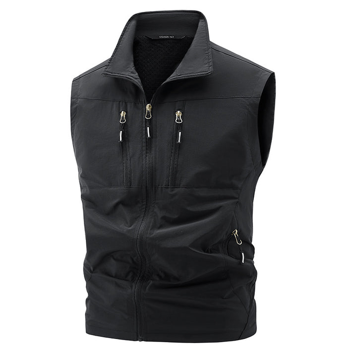 Herren nan multifunktionale technische Outdoor-Weste mit hohem Stehkragen, vier verdeckten Reißverschlusstaschen und atmungsaktivem Meshfutter Drune