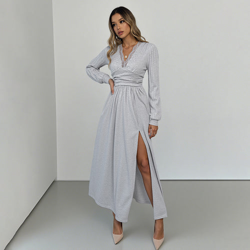 Damen Elegantes Wickel‑Maxikleid mit Spitzenbesatz, tailliertem Knotenbund und hohem Beinschlitz Drune