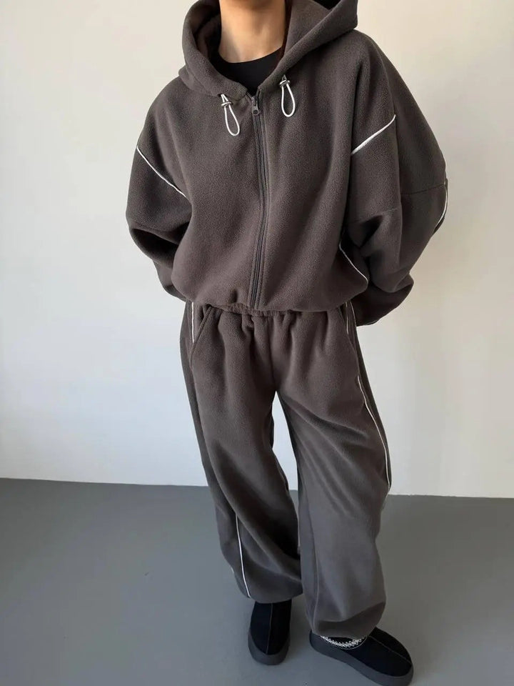 Damen gekürztes Zip-Hoodie mit Tunnelzug und hochgeschnittener weiter Fleece-Loungehose Drune