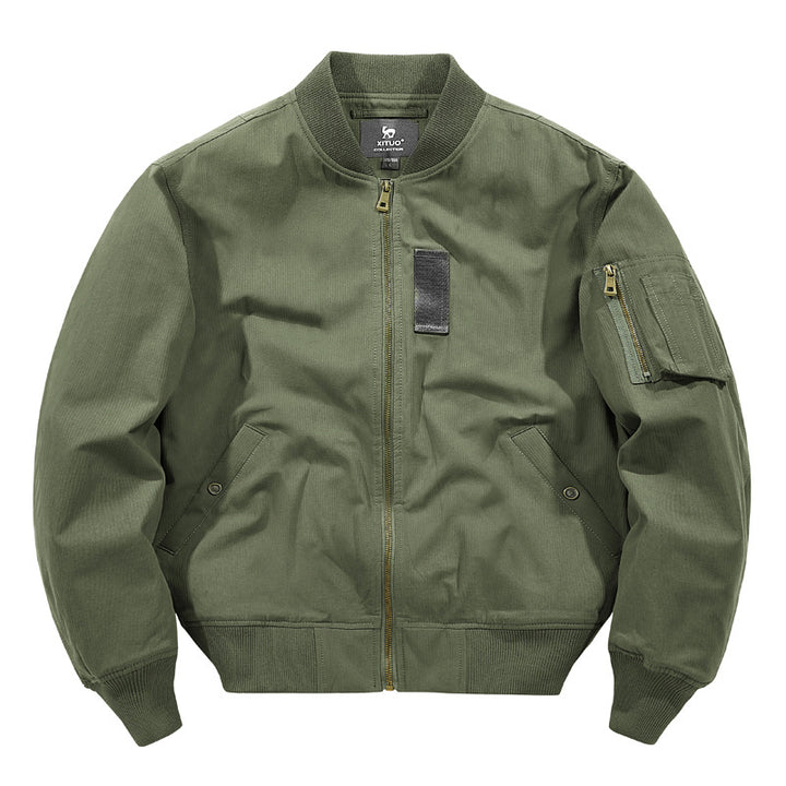 Men's  rugged cotton-twill flight bomber jacket with utility sleeve pocket and reinforced ribbed trims Drune