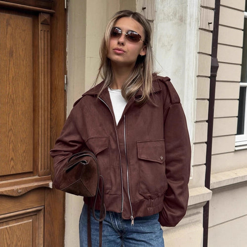 Damen Modische Suede Bomberjacke mit praktischen Taschen und Reißverschluss Drune