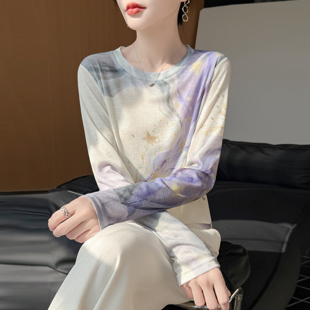 Damen Leichtes Langarmshirt aus Viskose-Mix mit Aquarellprint und Rundhalsausschnitt Drune