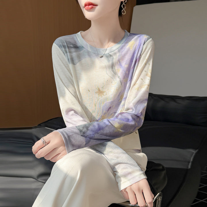 Damen Leichtes Langarmshirt aus Viskose-Mix mit Aquarellprint und Rundhalsausschnitt Drune
