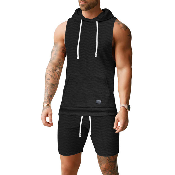 Herren nan ärmelloses Kapuzenweste-Set aus strukturiertem Baumwollmix mit Kängurutasche und Tunnelzug-Shorts Drune