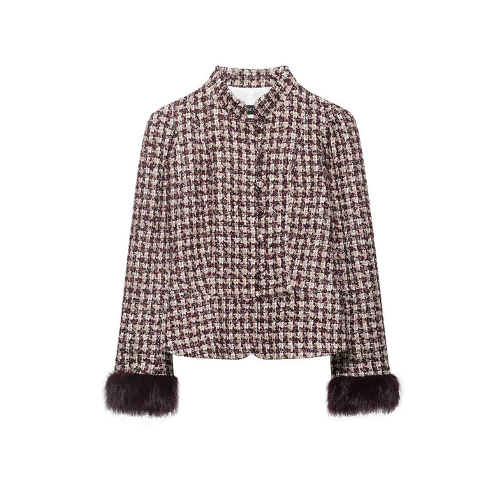 Damen Bouclé-Tweed Jacke mit Stehkragen und Kunstpelzmanschetten Drune