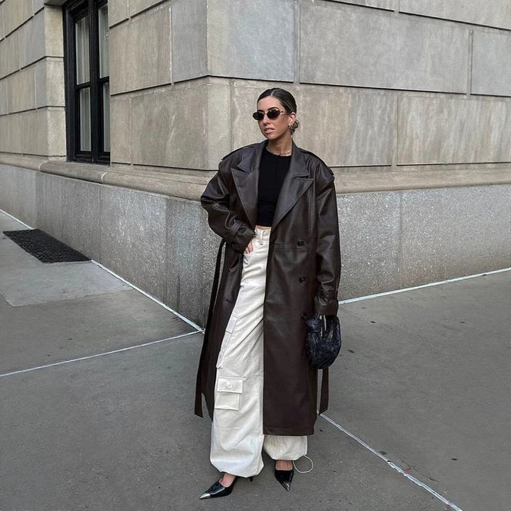 Damen Maxilanger Oversize Kunstleder-Trenchcoat mit weitem Revers und Taillengürtel Drune