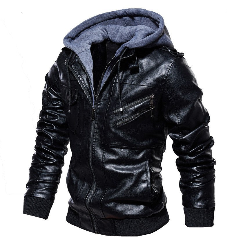 Herren modische Lederjacke mit Kapuze und Innenfleece Drune