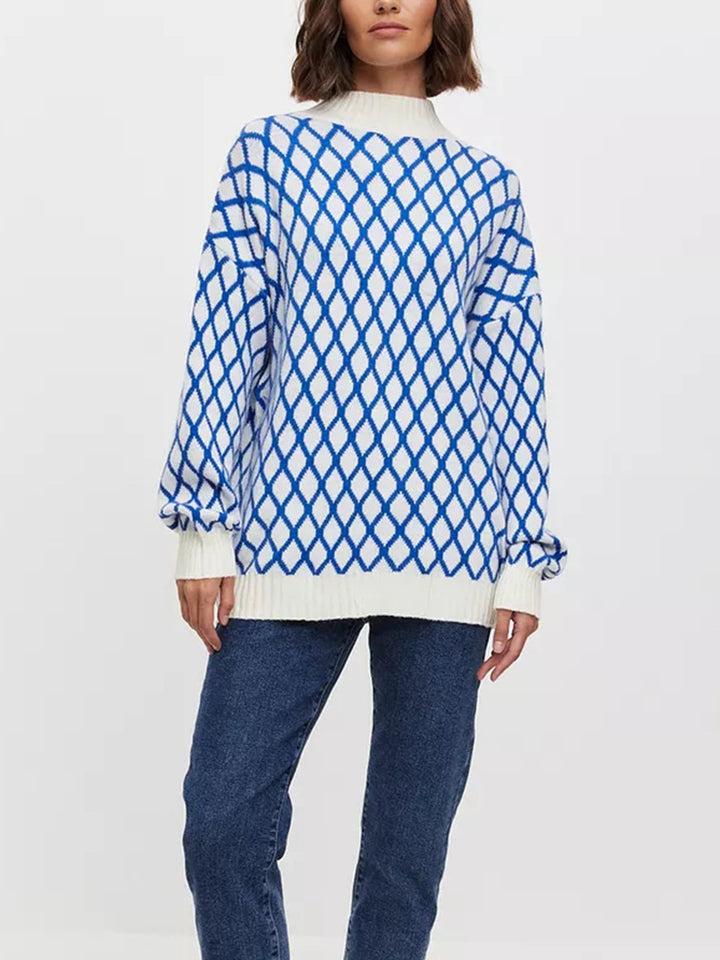 Damen gestrickter Pullover mit modernem Rautenmuster und innovativem Schnitt Drune
