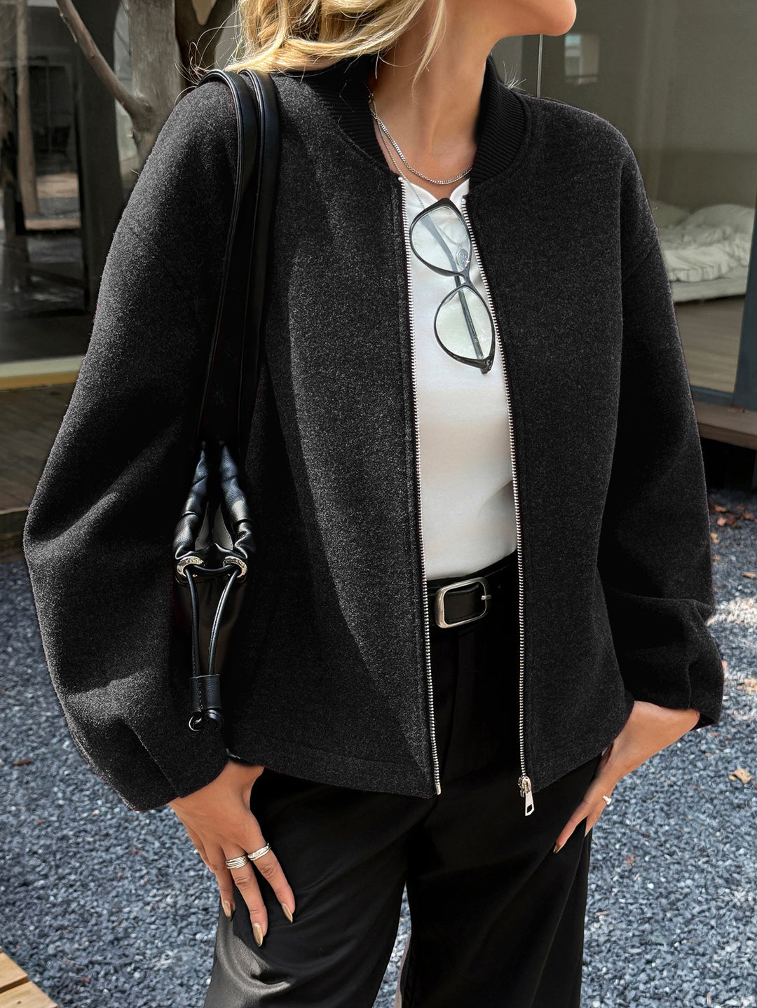 Damen nan leichte Fleece‑Bomberjacke mit Stehkragen, zweiseitigem Reißverschluss und lässiger Oversize‑Passform Drune
