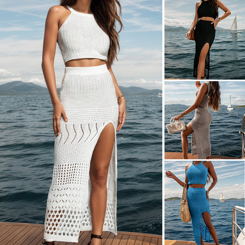 Damen gehäkeltes Maxi-Rock-Outfit mit femininen Schlitzdetails und cropped Oberteil Drune