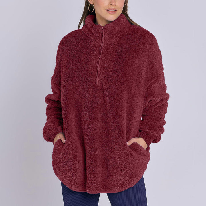 Damen Flauschiger Oversize-Sherpa-Pullover mit Halbzip und Kängurutaschen Drune