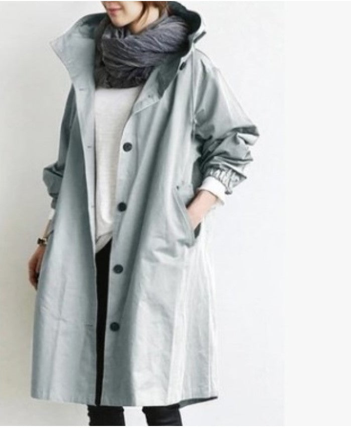 Damen nan leichter oversized Regenmantel mit Kapuze und verdeckter Knopfleiste Drune
