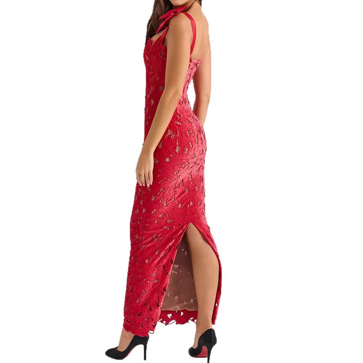 Damen nan figurbetontes bodenlanges Spitzenabendkleid in Säulenform mit Zierschleifen-Trägern Drune
