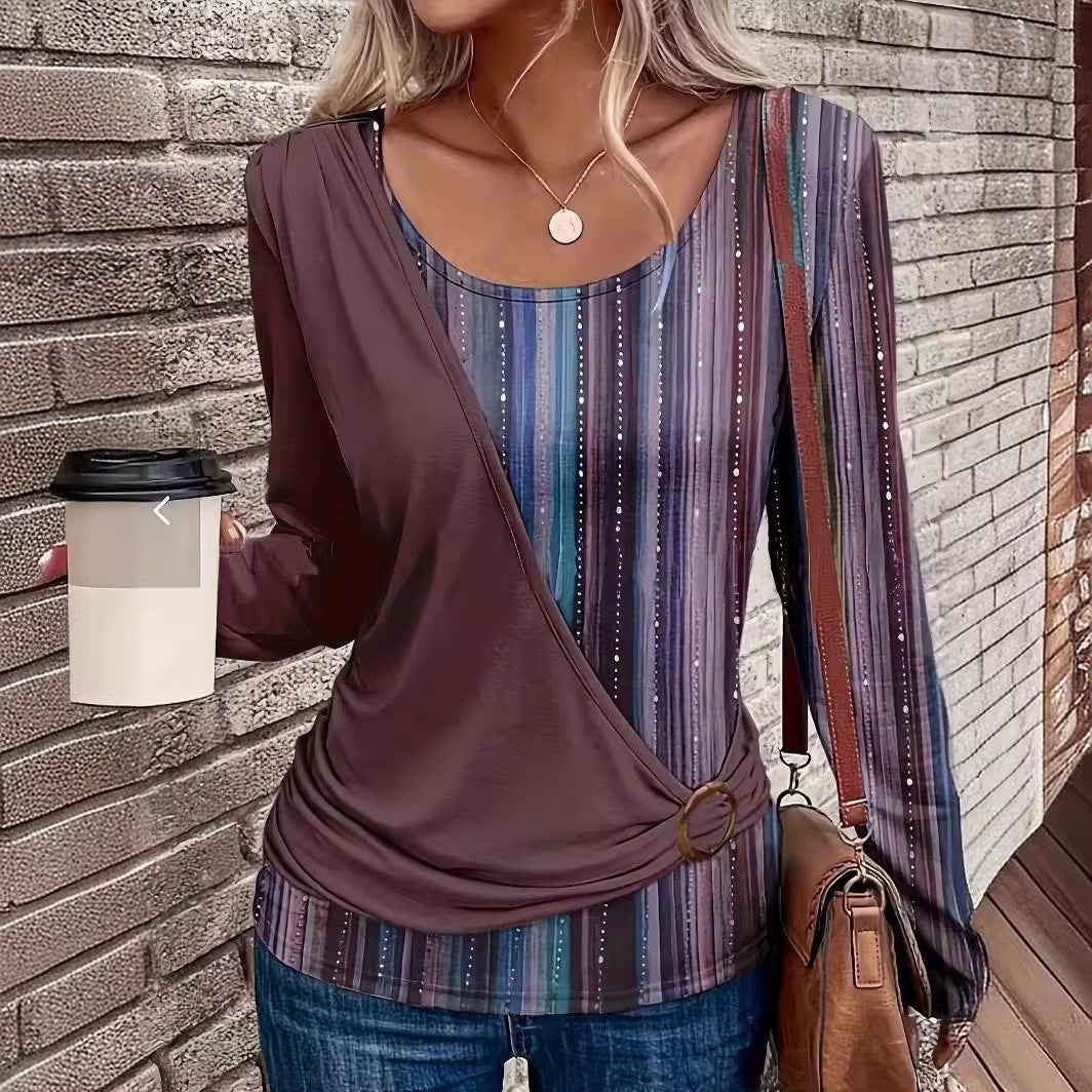 Damen Lagenlook Wickel‑Shirt mit asymmetrischer Drapierung und gestreiftem Unterteil Drune