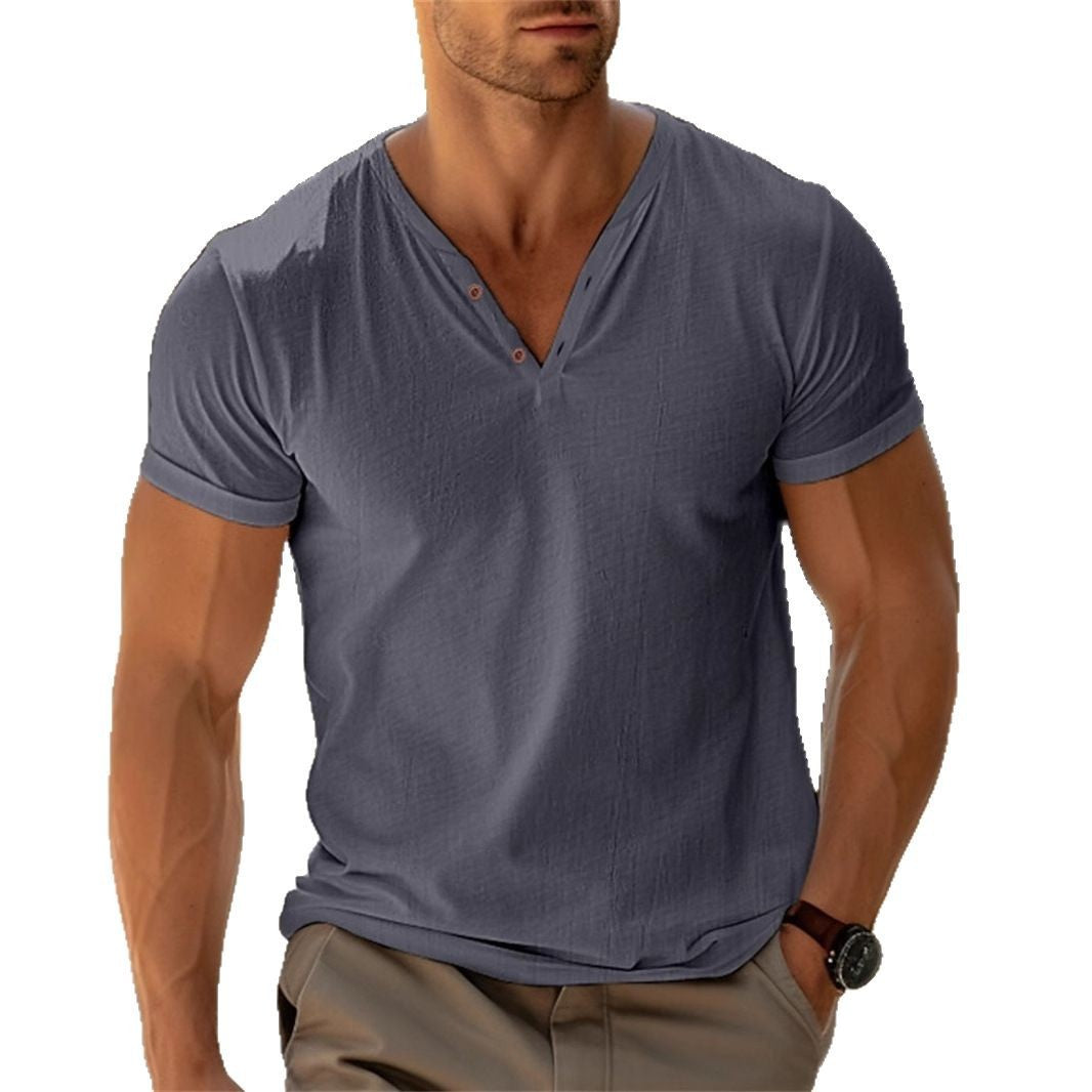 Herren nan tailliertes Henley-T-Shirt mit V-Ausschnitt kurzer Knopfleiste und krempelbaren Ärmeln Drune