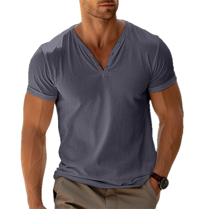 Herren nan tailliertes Henley-T-Shirt mit V-Ausschnitt kurzer Knopfleiste und krempelbaren Ärmeln Drune