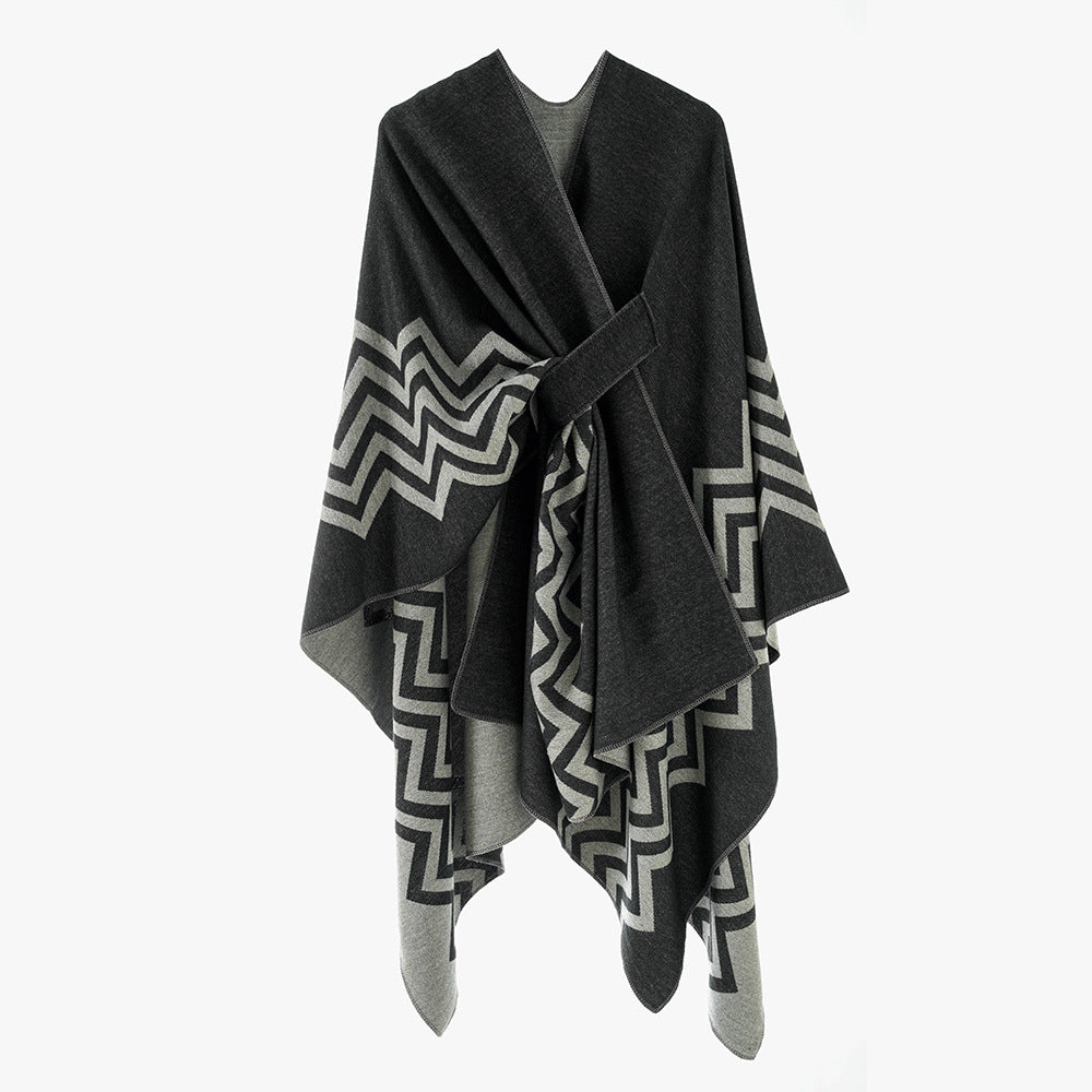 Damen Wollmix-Capeponcho mit Bindegürtel und grafischem Zickzackmuster Drune
