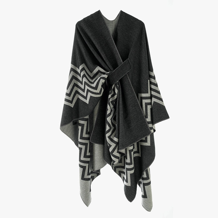 Damen Wollmix-Capeponcho mit Bindegürtel und grafischem Zickzackmuster Drune