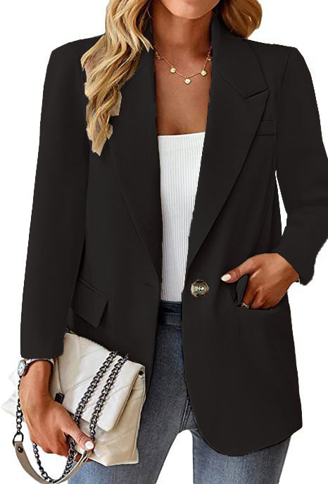 Damen Longline-Blazer im Oversize-Stil mit markantem Revers, Metallknopf und Pattentaschen Drune