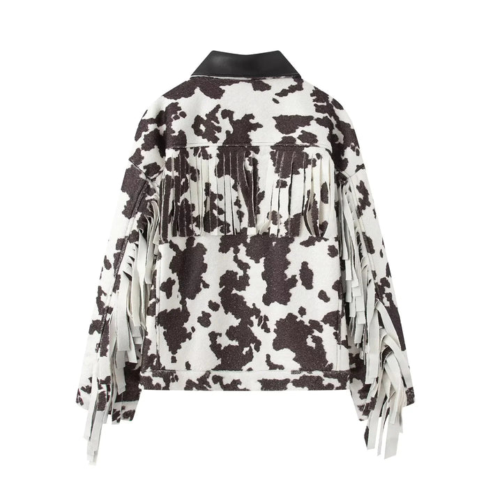 Damen nan oversized Teddyjacke mit Kuhflecken-Print und Lederimitat-Kragen Drune