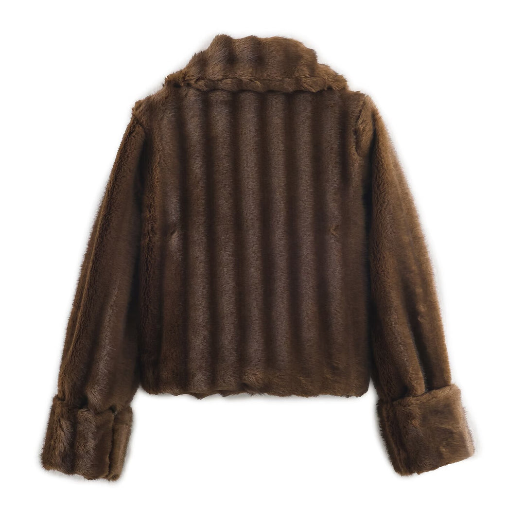 Damen Kurzjacke aus Kunstpelz mit großem Schalkragen und Umschlagärmeln Drune