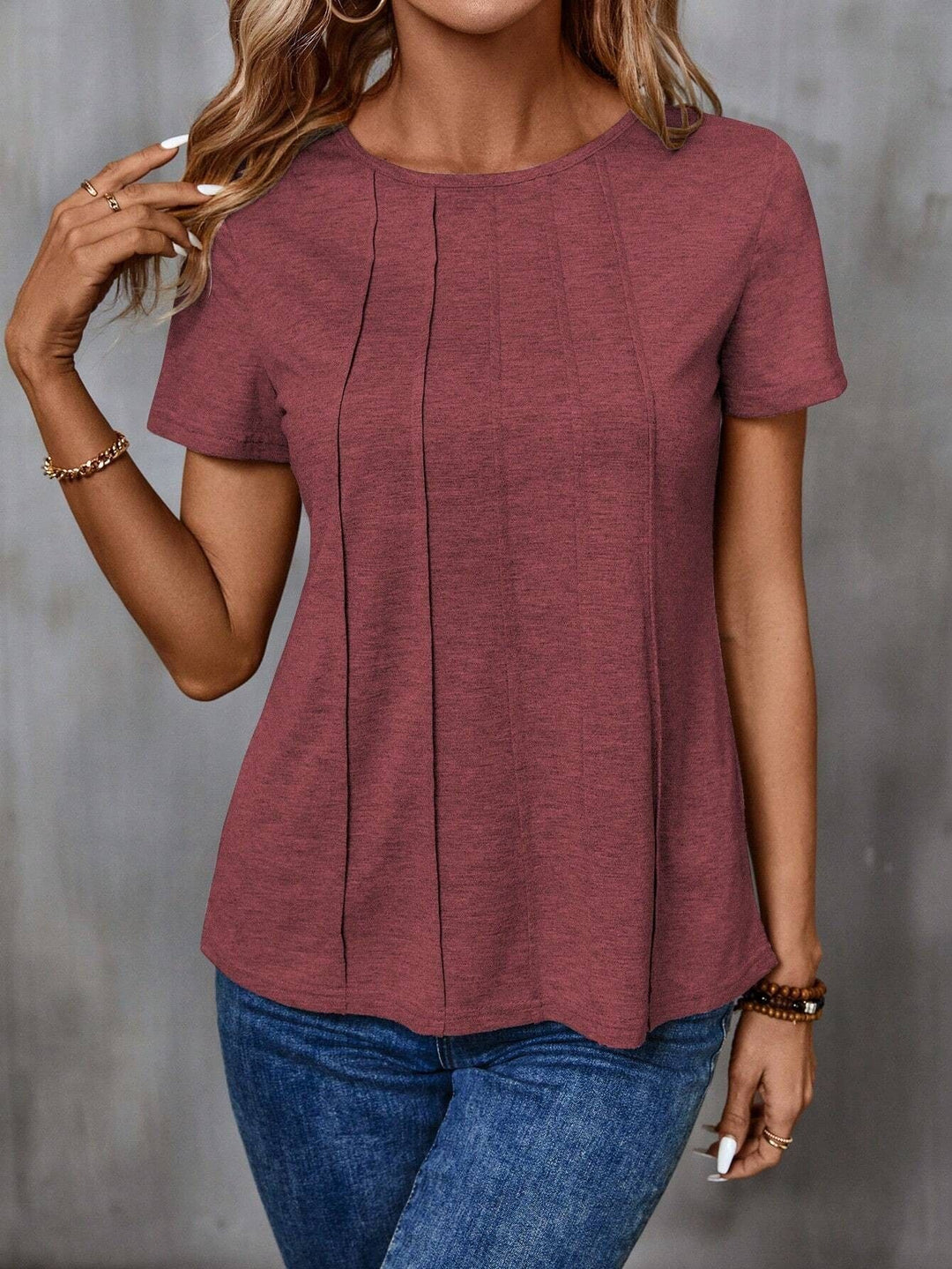 Damen lässiges T-Shirt mit strukturiertem Design und seitlichen Falten Drune