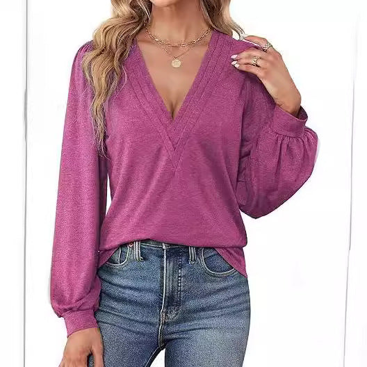 Damen lässiges V-Ausschnitt Shirt mit Puffärmeln und eleganter Raffung Drune