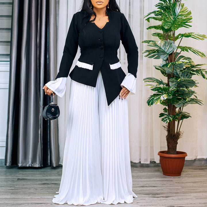 Damen eleganter Jumpsuit mit tailliertem Blazer-Oberteil und schwingenden Plisseehosen Drune