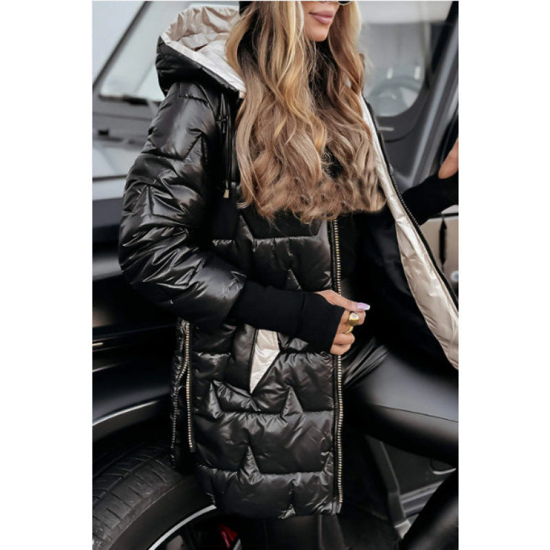 Damen Longline Steppjacke mit abnehmbarem Kapuzenfutter und seitlichen Reißverschlusstaschen Drune