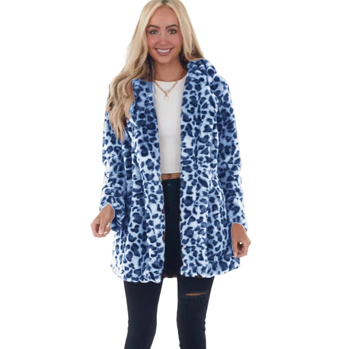 Damen Kunstfell Leopardenmuster Kapuzen Plüsch Mid-Length Mantel Drune