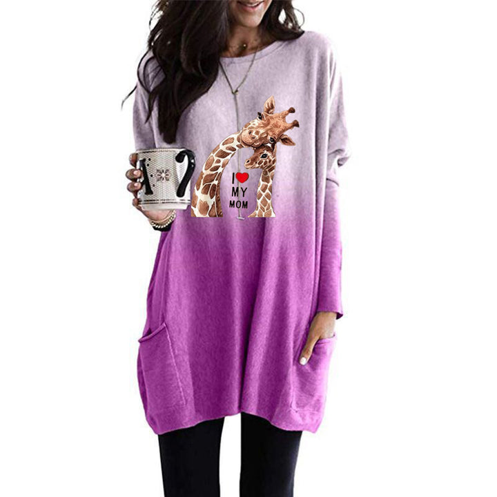Frauen Übergroße Sweatkleid mit Giraffenmuster, Rundhalsausschnitt und Seitentaschen Drune