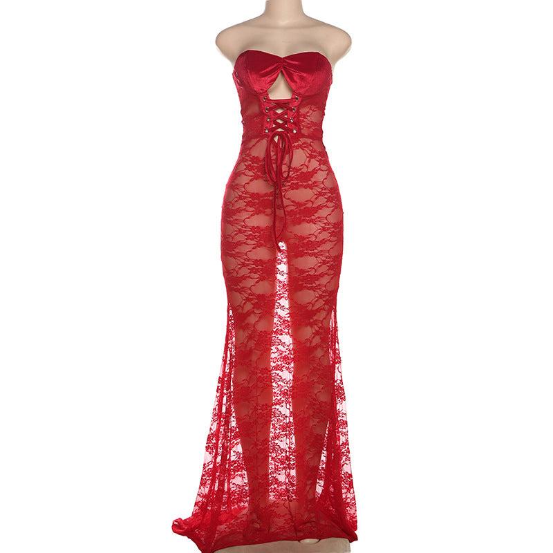 Damen Strapless Spitzenkleid mit raffinierter Schnürung Drune