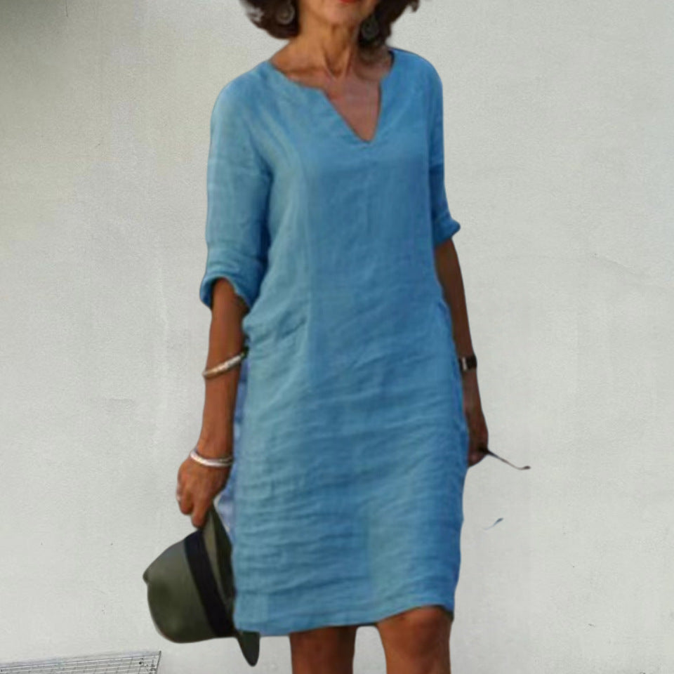 Damen Leichtes Sommerkleid mit eleganter V-Ausschnitt-Front und praktischen Seitentaschen Drune