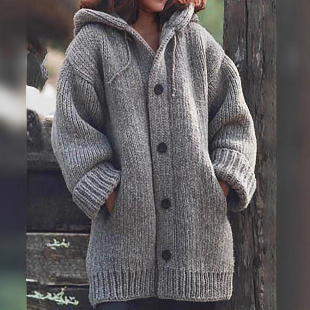 Damen Langgezogener Grobstrick-Mantelcardigan mit Kapuze, überschnittener Schulter und großen Knöpfen Drune