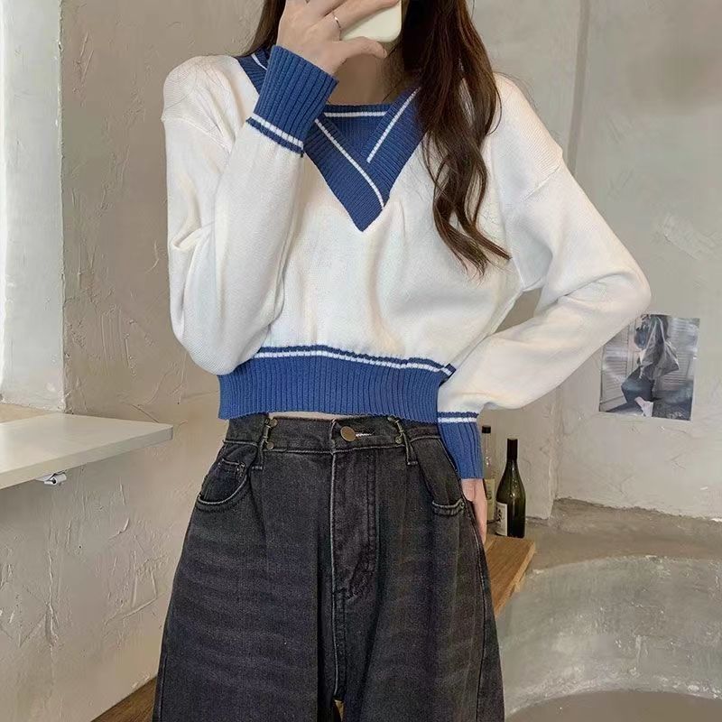 Damen modischer V-Ausschnitt Pullover mit Kontrastdetails Drune
