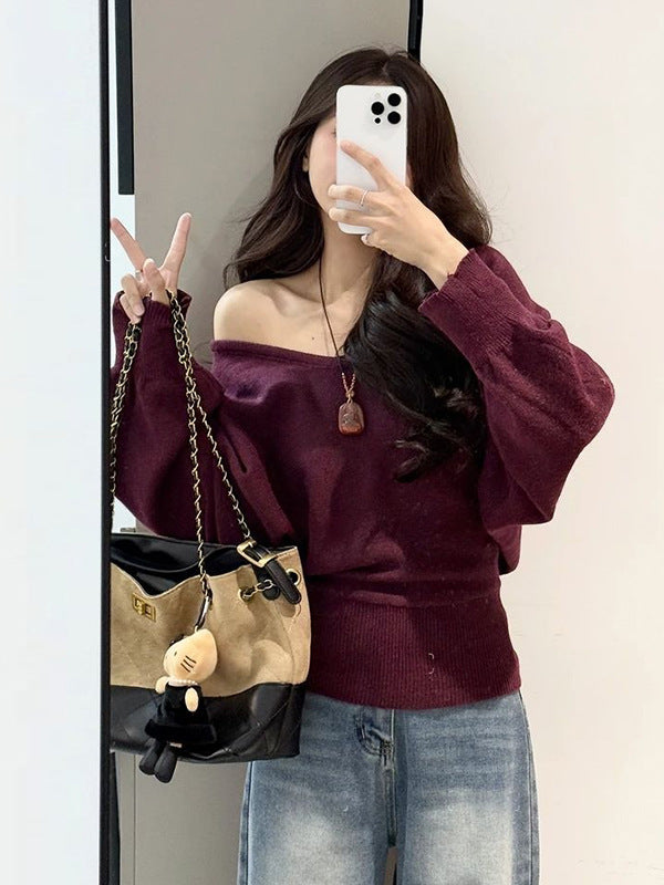 Damen lockerer Pullover mit taillierbarem Gürtel und V-Ausschnitt Drune