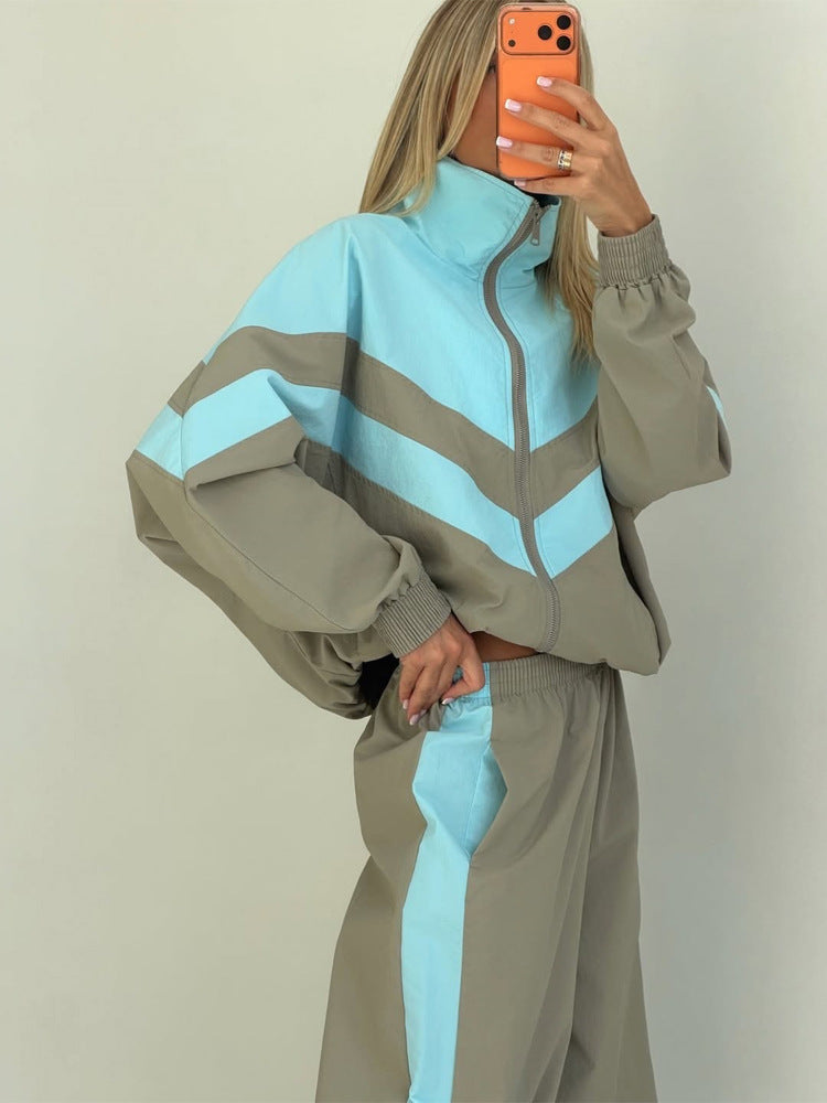 Damen Oversize-Trainingsanzug-Set mit Stehkragen und Kontraststreifen Drune