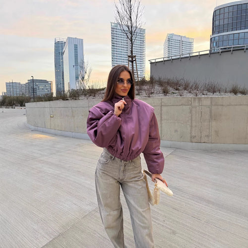 Damen Gepolsterte Cropped-Übergangsjacke mit Stehkragen, Ballonärmeln und elastischem Saum Drune