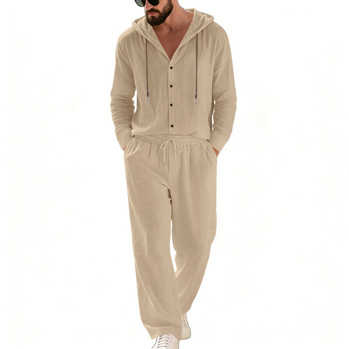 Herren nan legeres Kapuzen-Lounge-Set mit Knopfleiste, Kordelbundhose und seitlichen Eingrifftaschen Drune