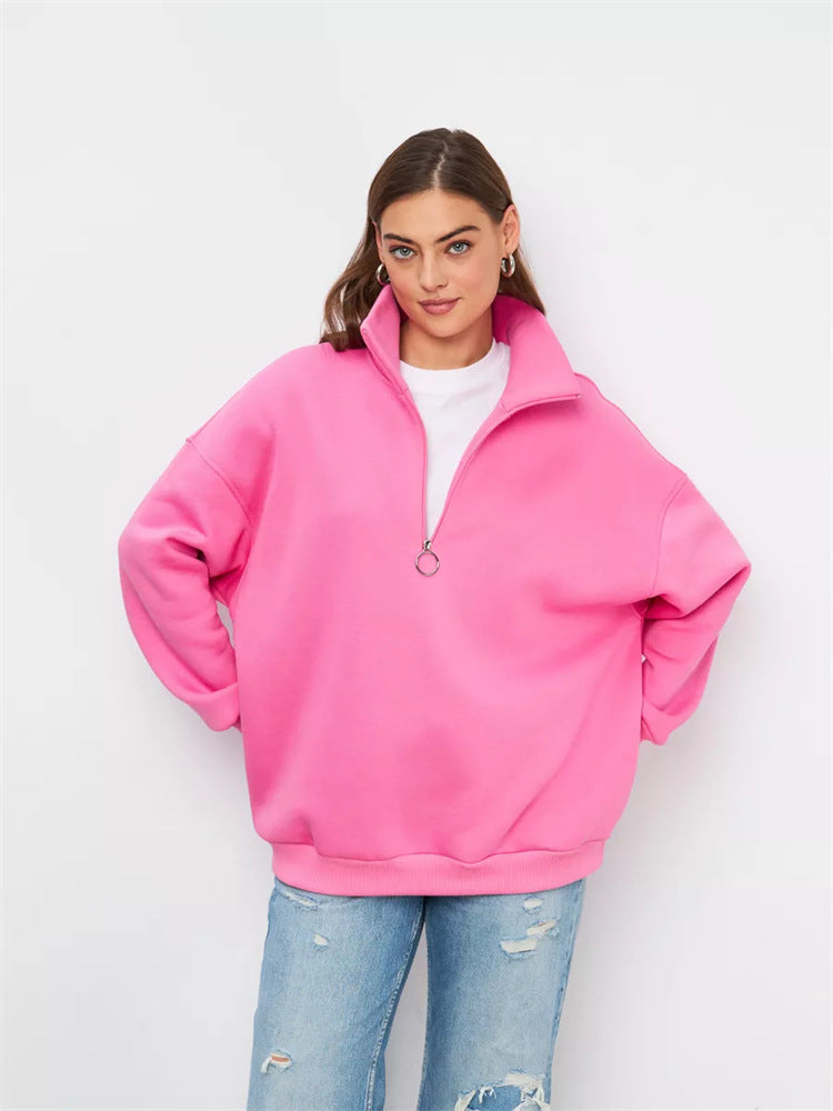 Damen Oversized Halbzip Sweater mit hohem Stehkragen und Rippbündchen Drune