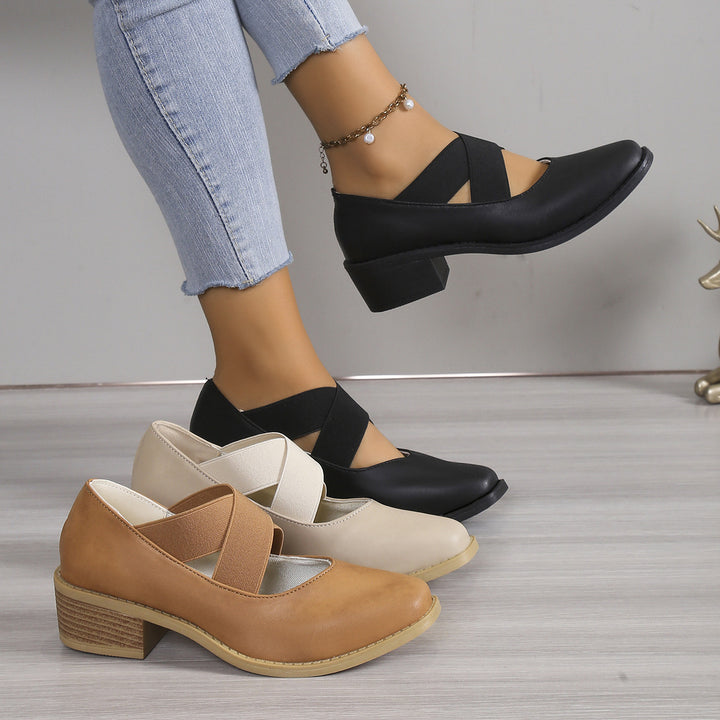 Damen Slipper-Pumps mit kreuzenden Elastikriemen und Blockabsatz Drune