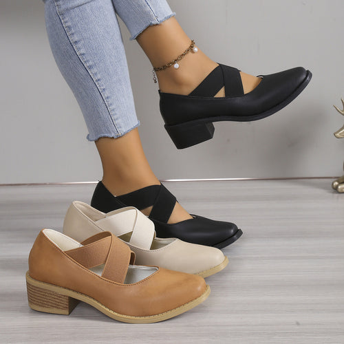 Damen Slipper-Pumps mit kreuzenden Elastikriemen und Blockabsatz Drune