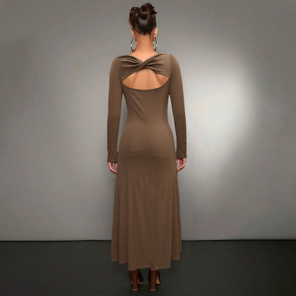 Damen figurbetontes Maxikleid mit U-Boot-Ausschnitt langem Ärmel und schmeichelndem Trompetensaum Drune