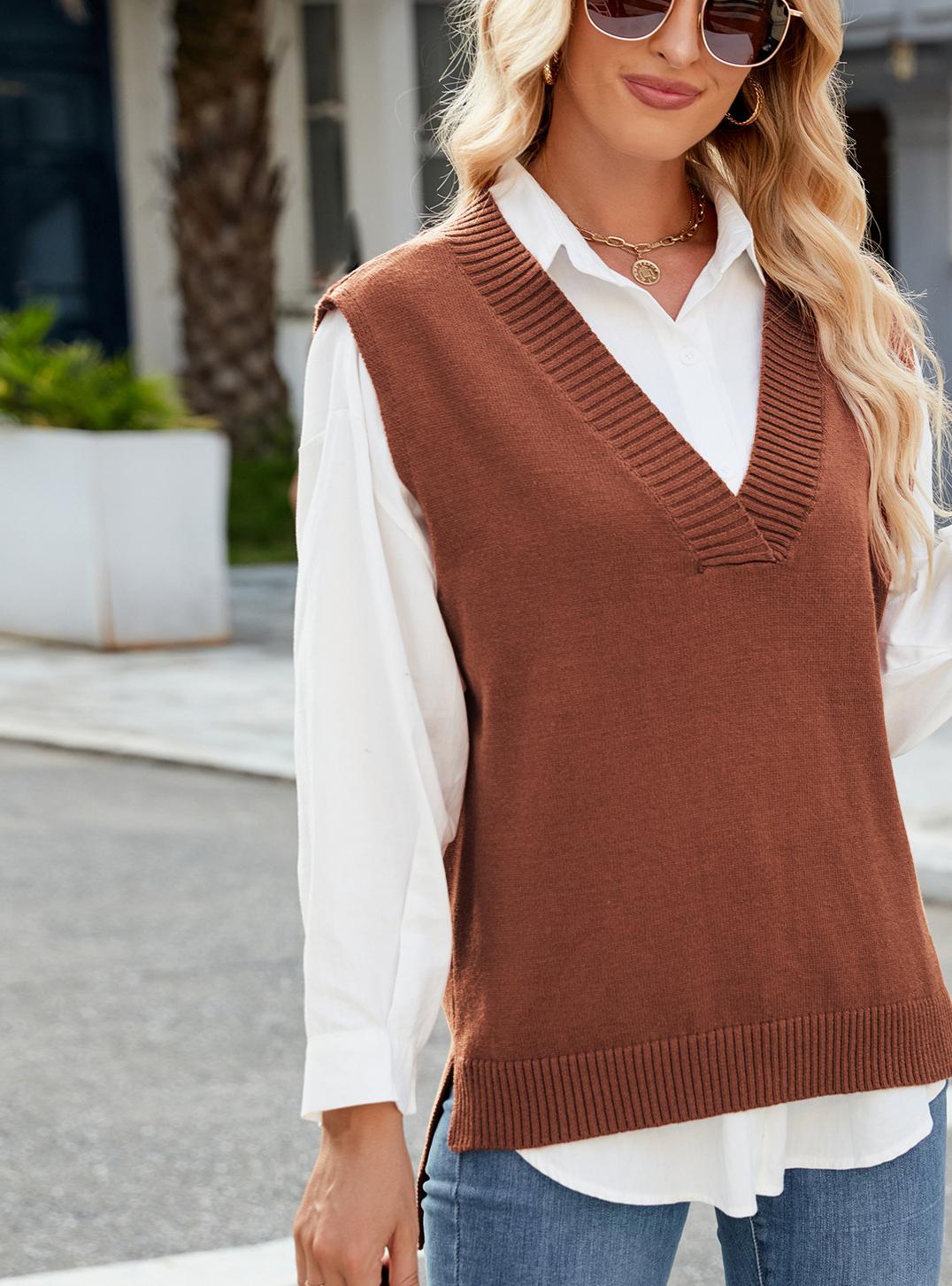 Damen Eleganter Strickpullover ohne Ärmel mit V-Ausschnitt und lässigem Schnitt Drune