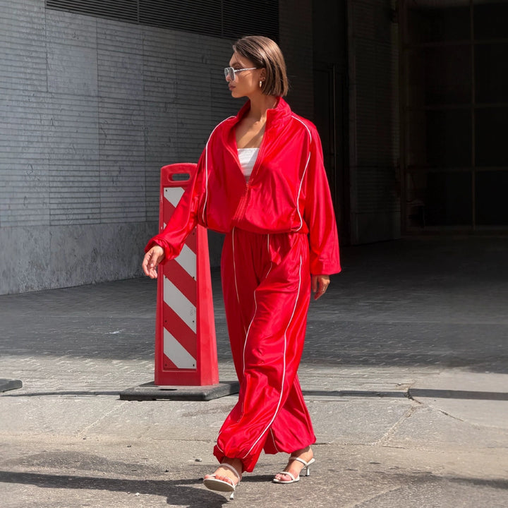 Damen Satin-Trainingsanzug mit Reißverschlussjacke und weiter Gummibund-Hose Drune