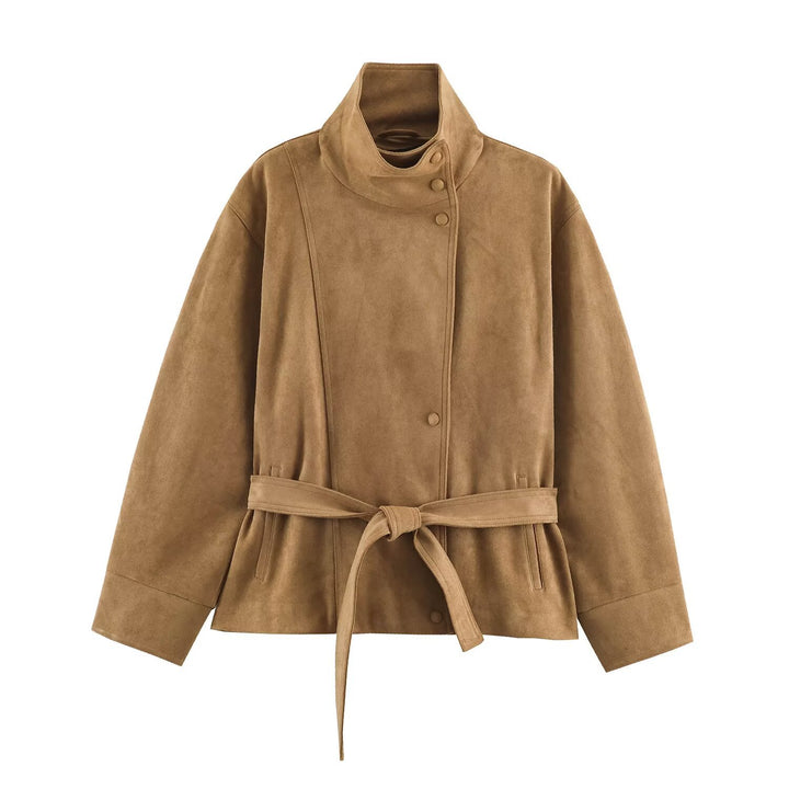 Damen Kurzjacke aus Velourslederoptik mit Stehkragen und Bindegürtel Drune