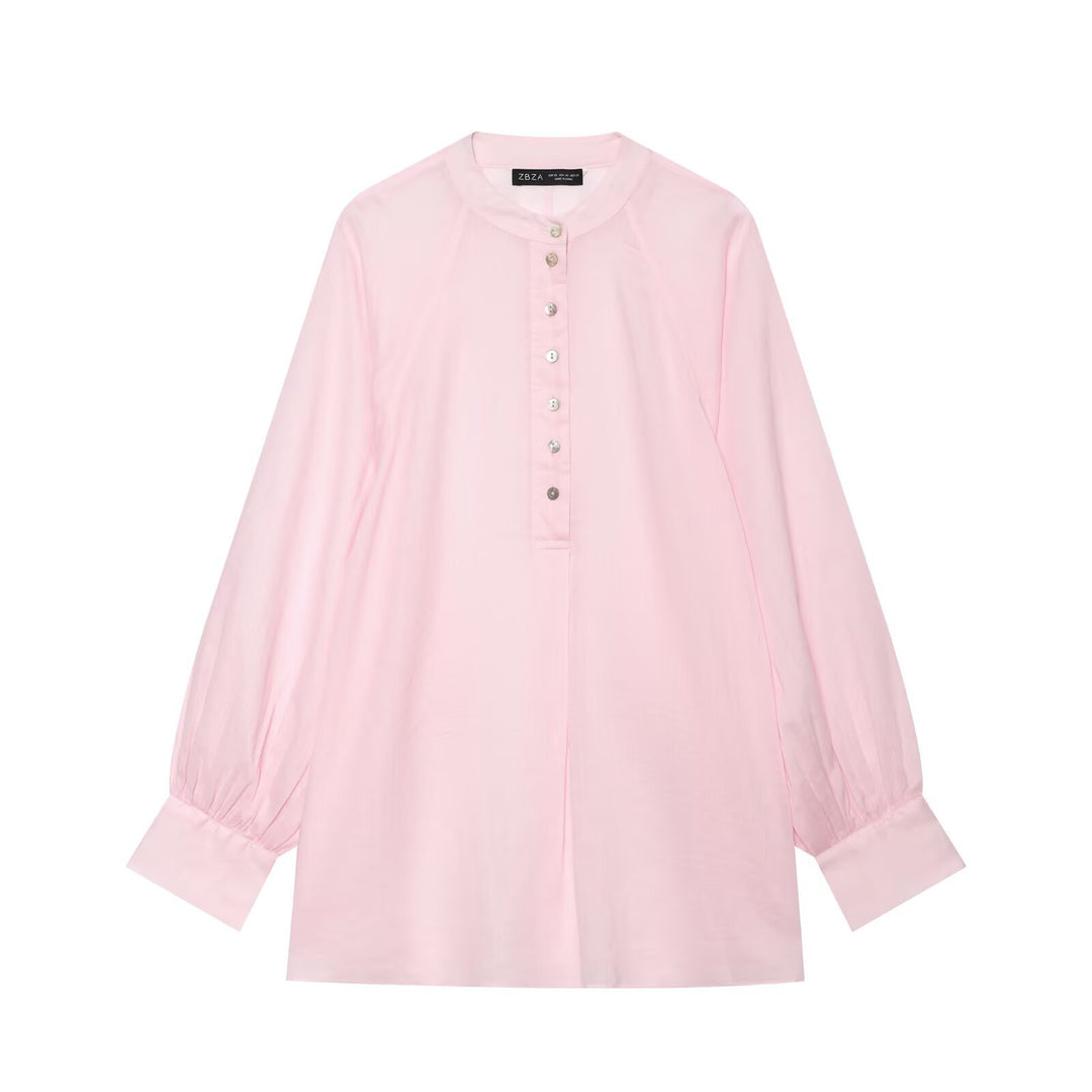 Damen Oversize-Bluse mit Stehkragen, durchgehender Knopfleiste und ballonärmeln Drune