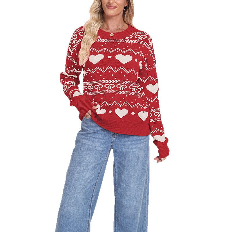 Damen kuscheliger Herzpullover mit grafischem Muster Drune