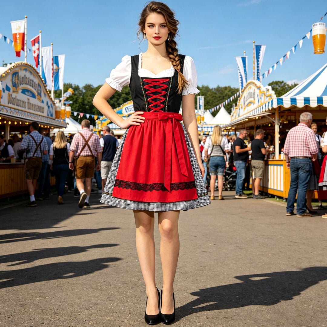 Damen nan traditionelles Dirndlkleid mit Herzausschnitt, geschnürtem Mieder und dekorativer Schürze Drune