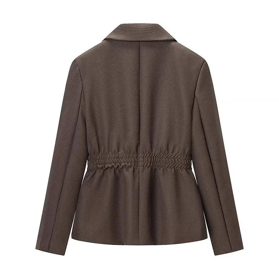 Damen nan taillierter Reversblazer mit elastischem Taillenzug, einreihiger Knopfleiste und stepptem Strukturstoff Drune